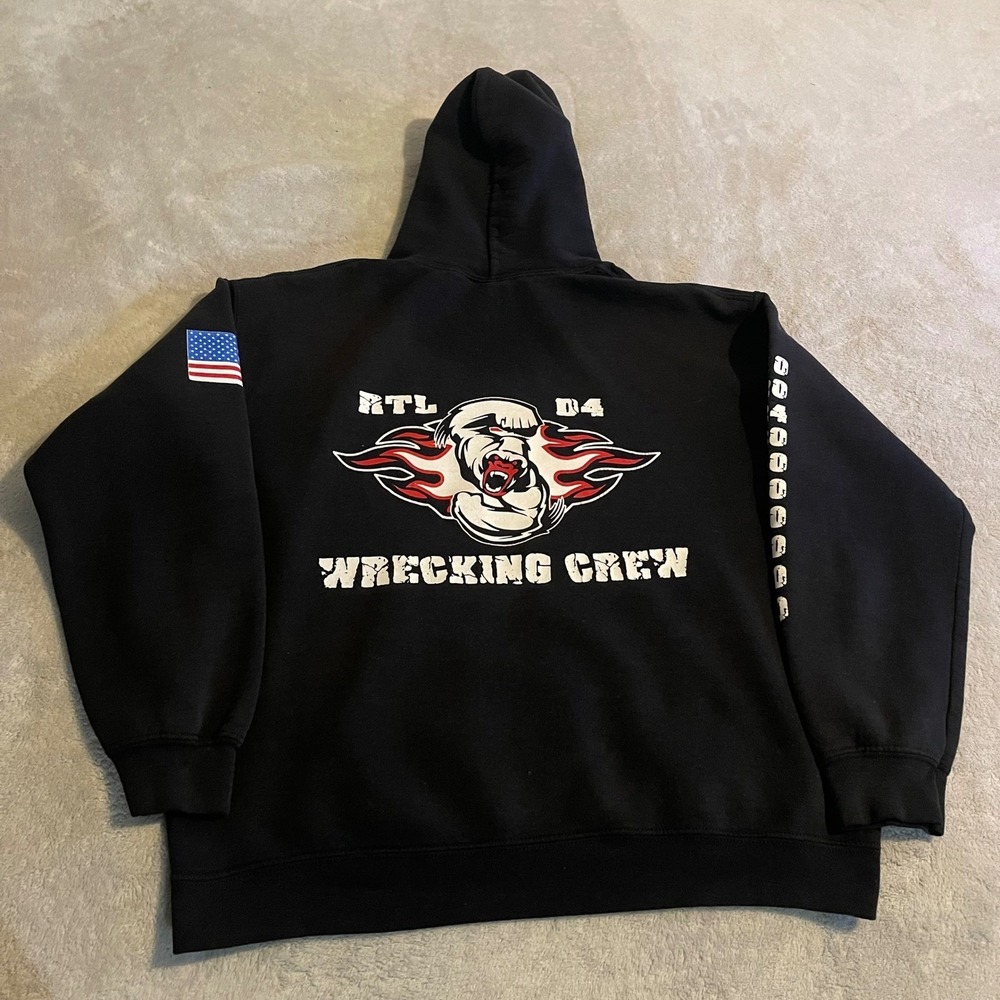Vintage Y2K Hoodie Wrecking Crew Black Mens Medium Graphic Pullover Sweatshirt